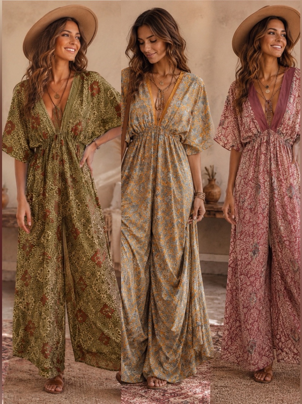Boho Wide-Leg Floral Jumpsuit one size  Indian silk (Yellow/Gray)